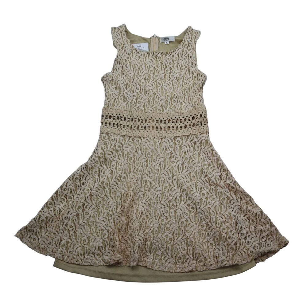 Diva USA Dress Womens M Beige Sleeveless Round Neck Zip Lace Fit Flare